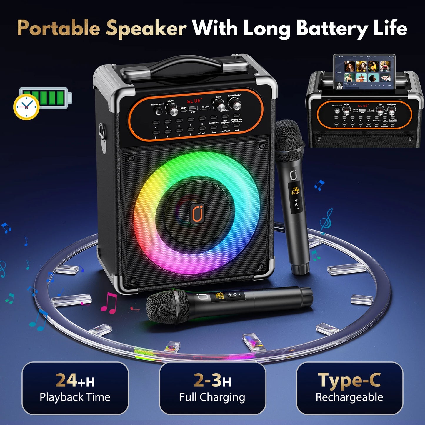Portable Bluetooth 5.3 Kara Speaker, Echo Adjustment