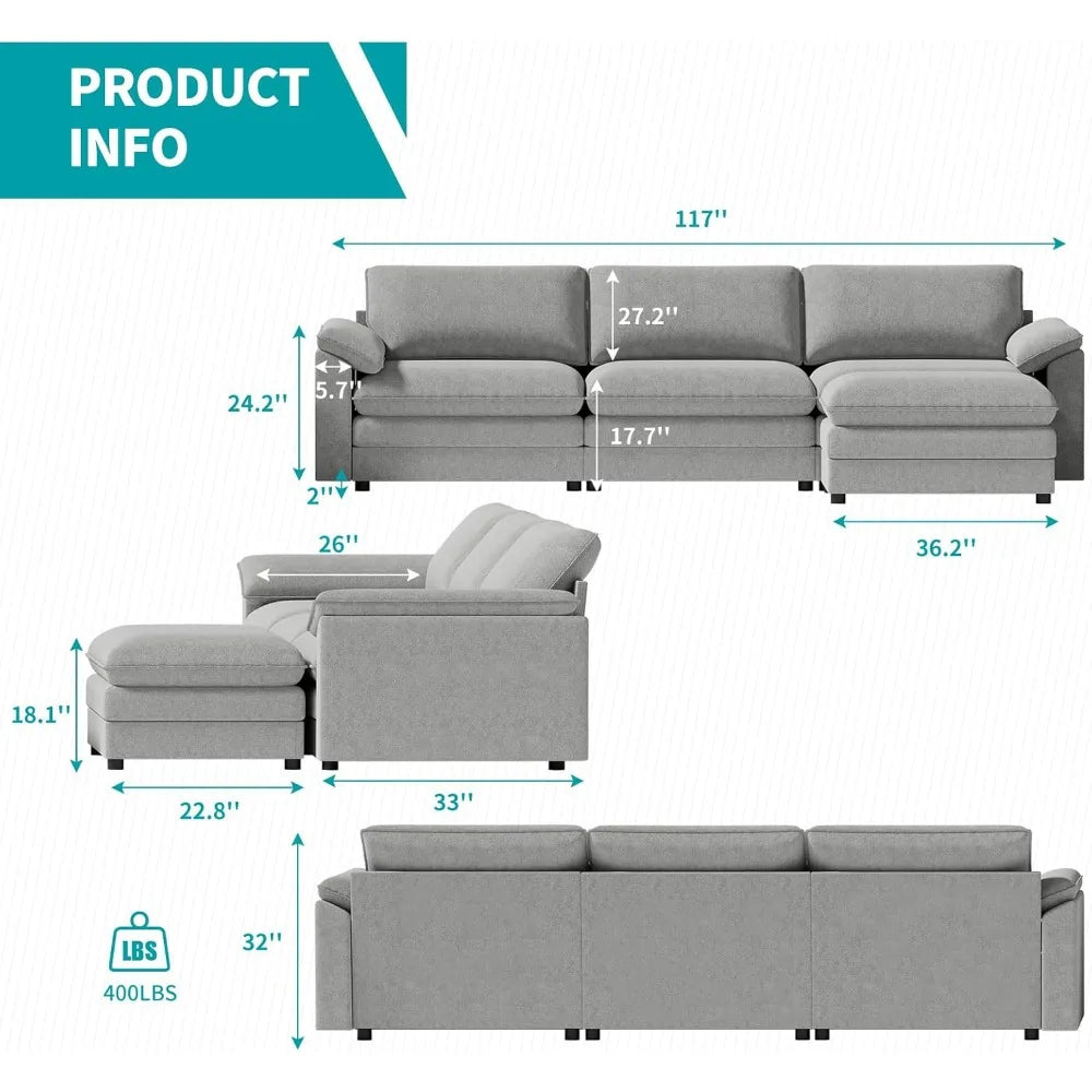 117" Oversized Sectional Sofa with Movable Ottoman