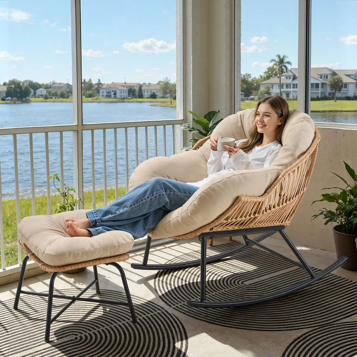 Oversized Wicker Rattan Egg Patio Chair with Ottoman