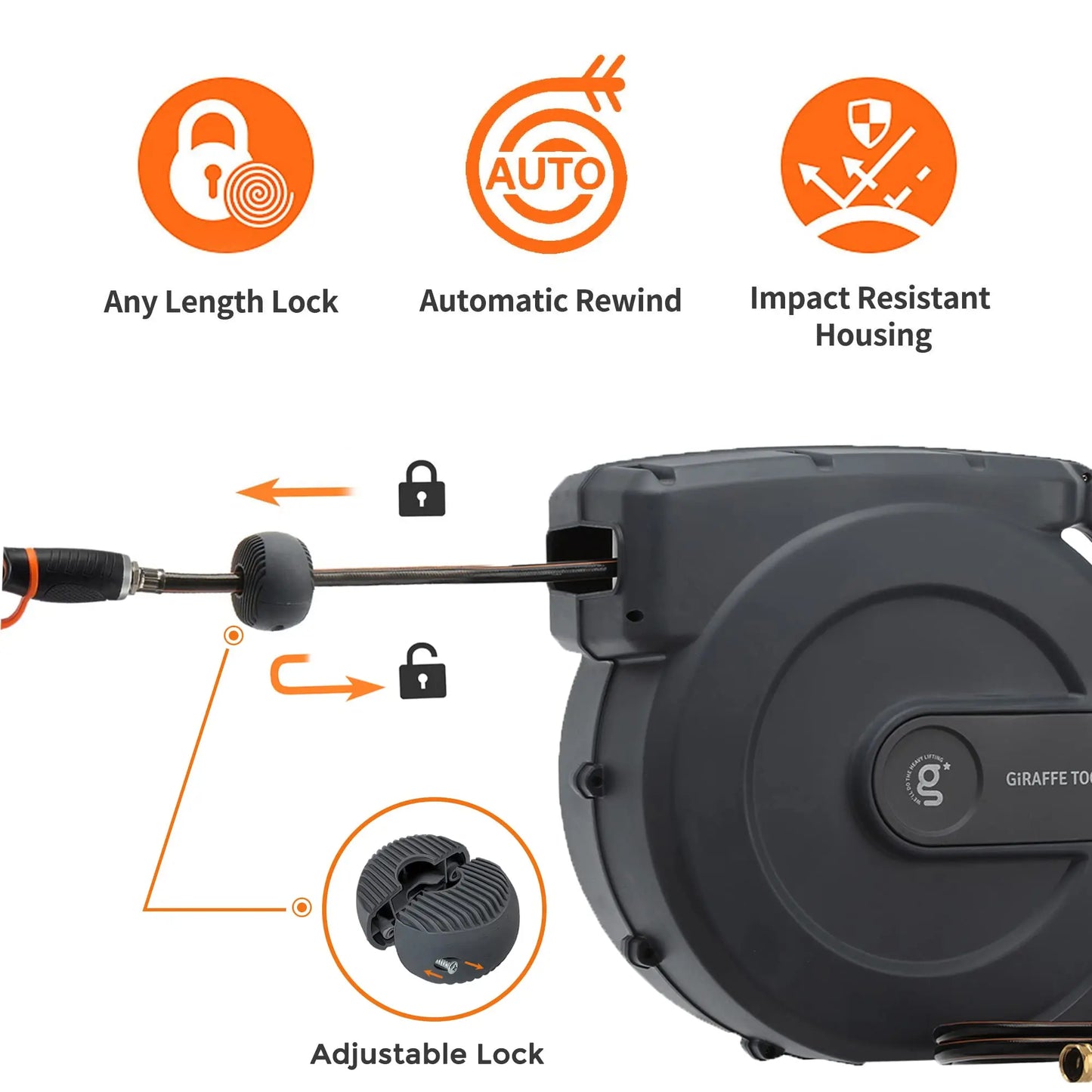 Heavy Duty Retractable Garden Hose Reel with Any Length Lock