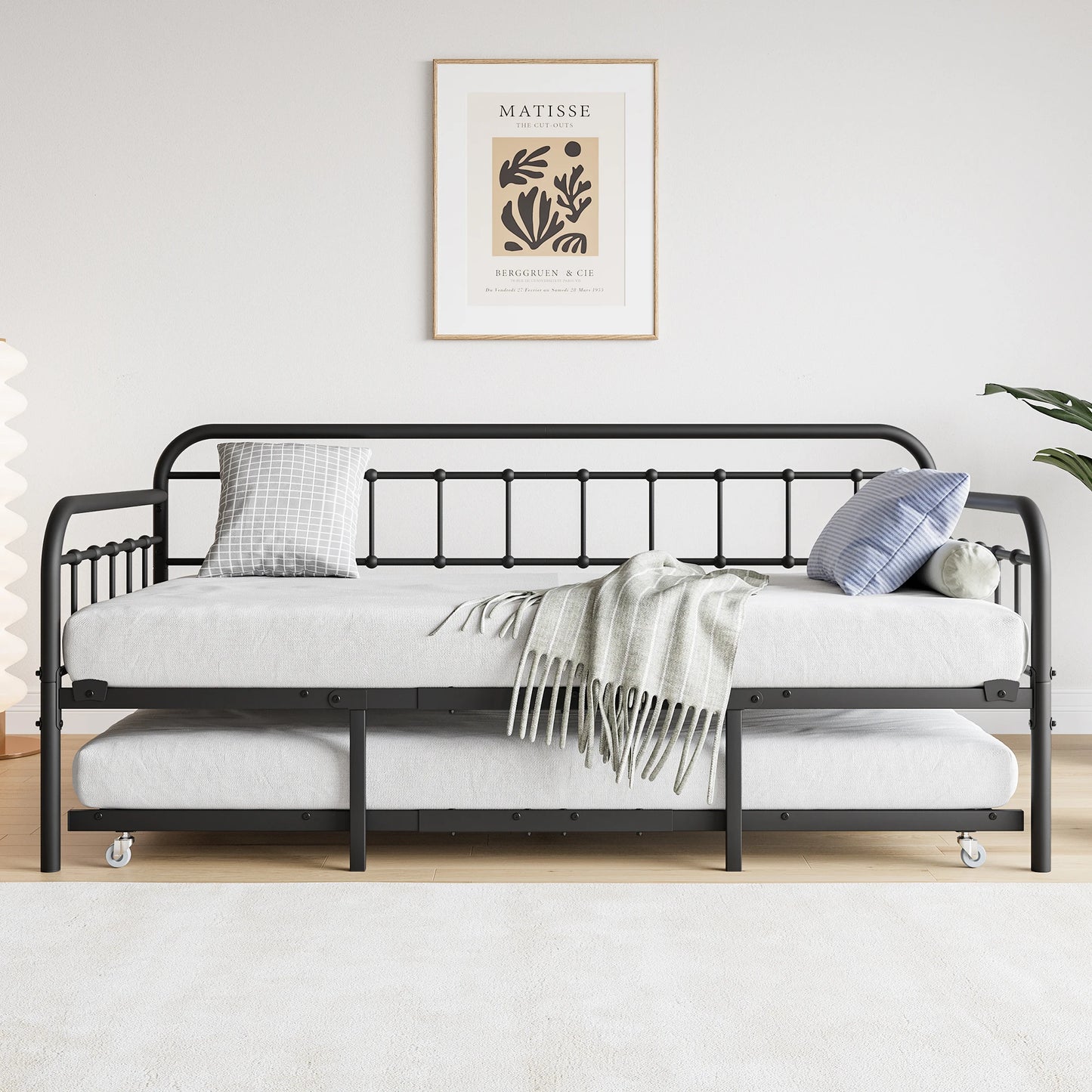 Twin Size Metal Daybed Frame with Trundle, Heavy Duty Steel Slat Support Sofa Bed Platform with Headboard, No Box Spring Needed,