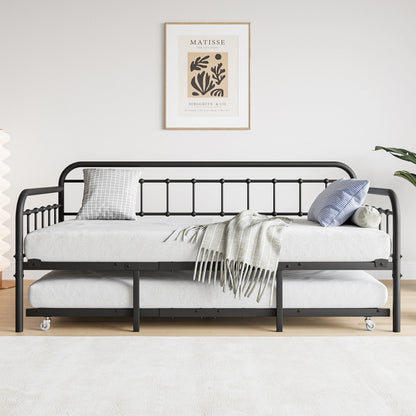 Twin Size Metal Daybed Frame with Trundle, Heavy Duty Steel Slat Support Sofa Bed Platform with Headboard, No Box Spring Needed,
