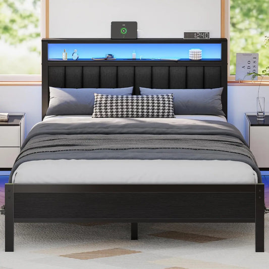 Queen Size Bed Frame with Charging Station with Metal Slats