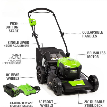 Cordless Lawn Mowe 20" Axial Leaf Blowe 12" String Trimmer with 2 Batteries