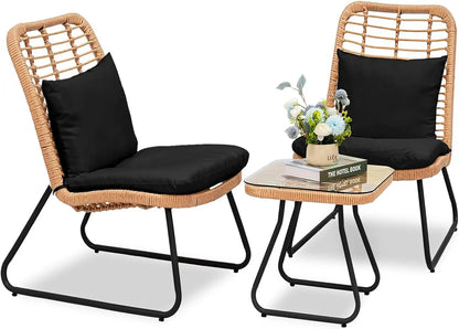 3 Piece Outdoor Wicker Bistro Set, and Tempered Glass