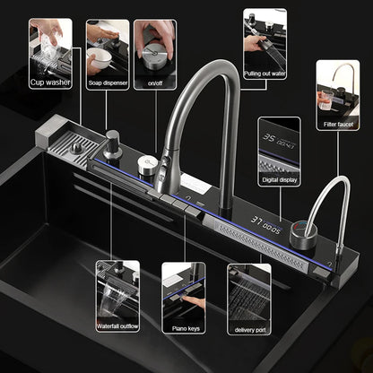 304 Stainless Steel Waterfall Kitchen Sink with Digital Display