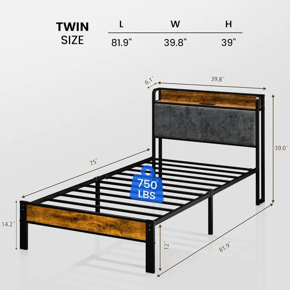 Metal Platform Bed Frame, Storage Headboard