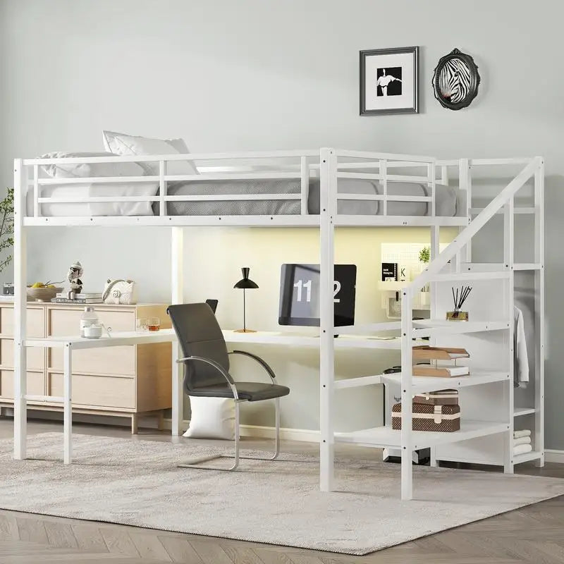 White Queen Loft Bed with L-shaped Desk