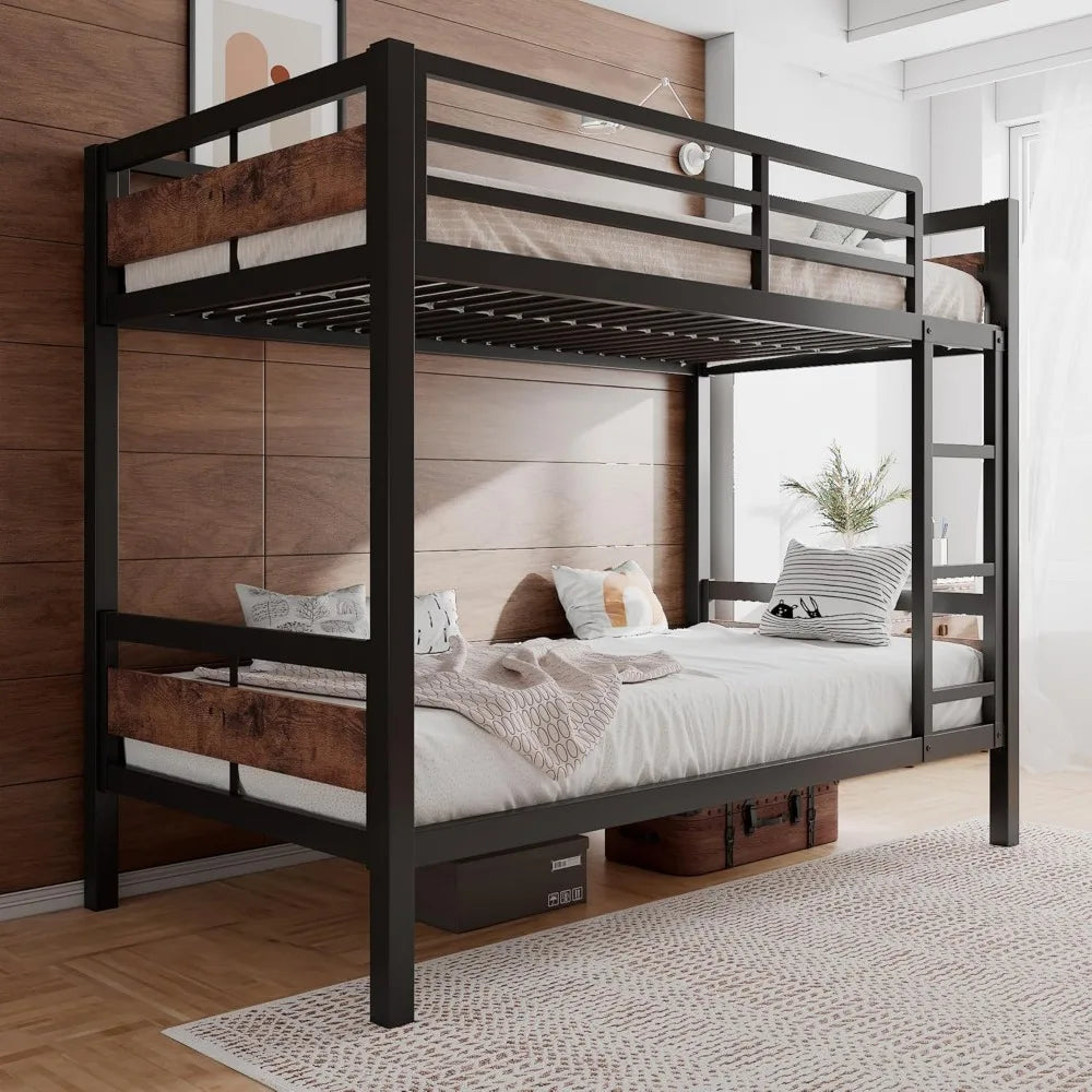Heavy Duty Metal Bed with Ladder and Full-Length Guardrail