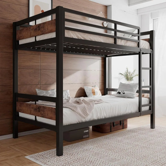 Heavy Duty Metal Bed with Ladder and Full-Length Guardrail