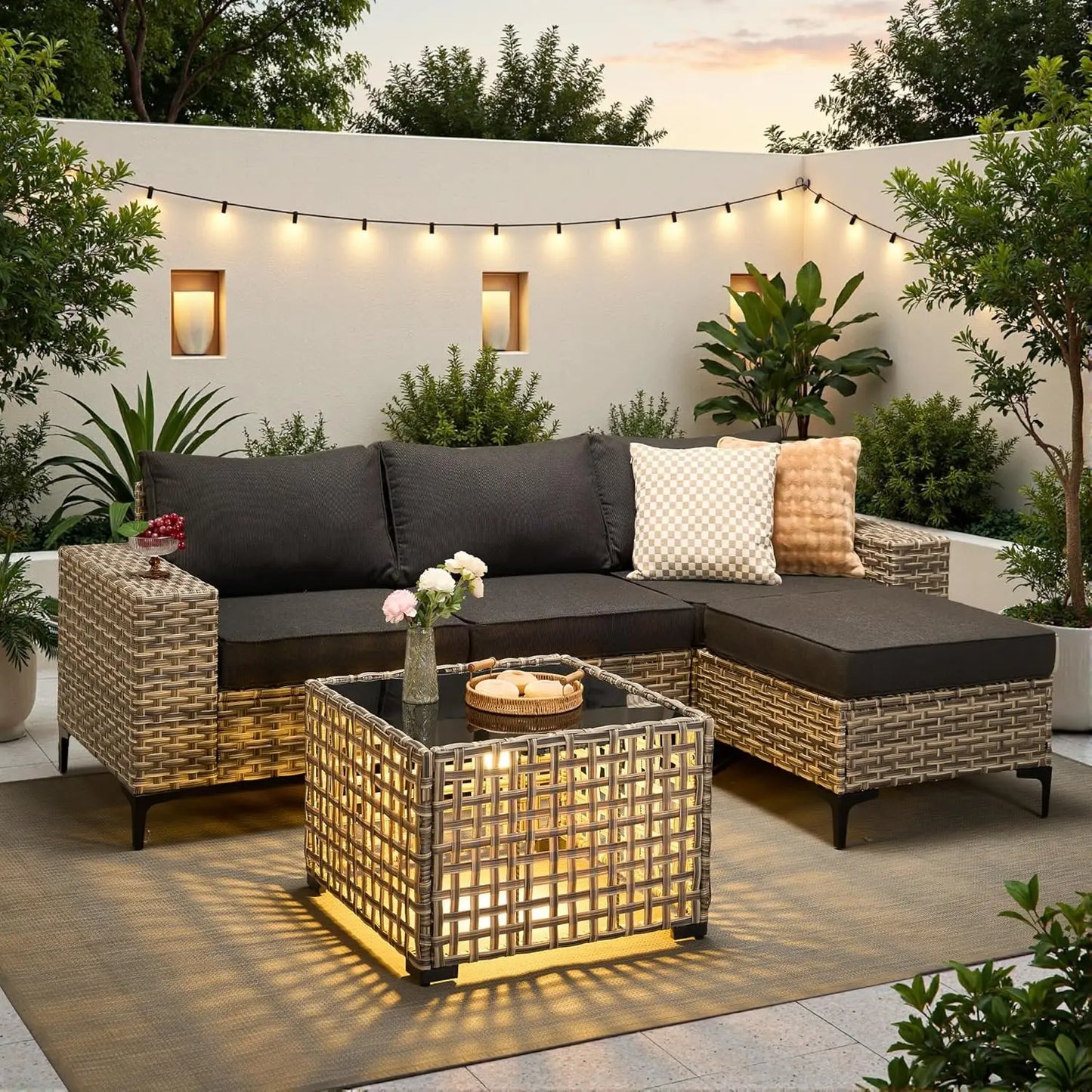 5Pcs Conversation Patio Furniture Set with Solar Lamp