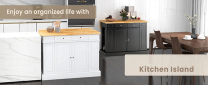 Kitchen island with 2 drawers, 5 adjustable shelves and spice rack
