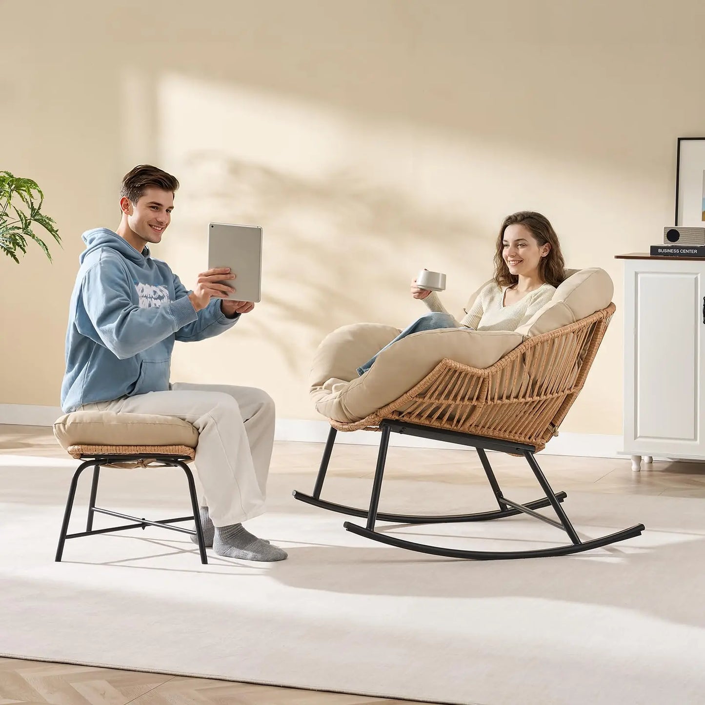 Oversized Wicker Rattan Egg Patio Chair with Ottoman