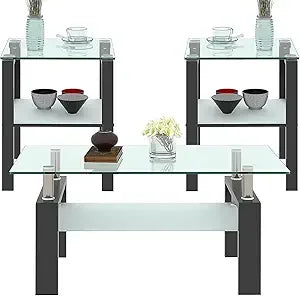 3 Piece Black Glass Coffee Table Set