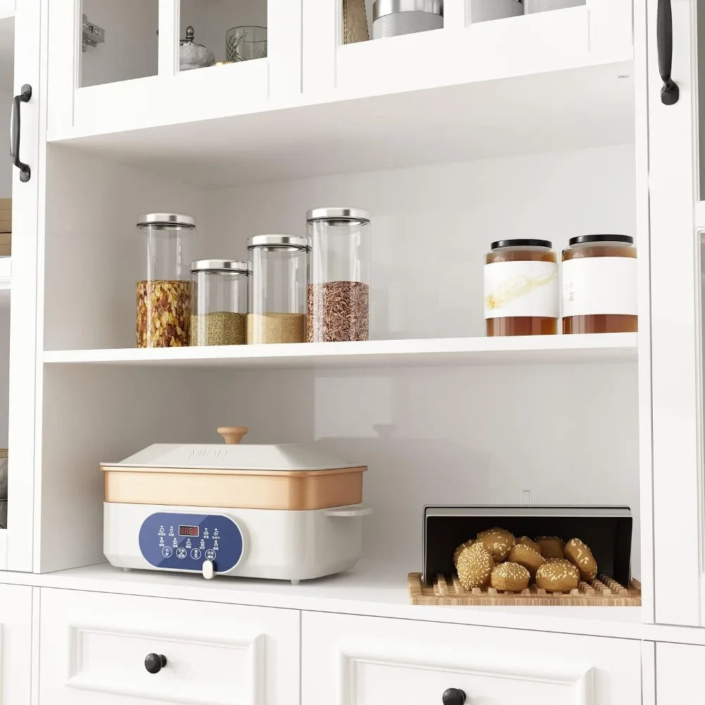 Large Kitchen Pantry Storage Cabinet with Glass Doors & Drawers