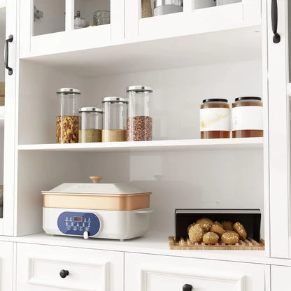 Large Kitchen Pantry Storage Cabinet with Glass Doors & Drawers