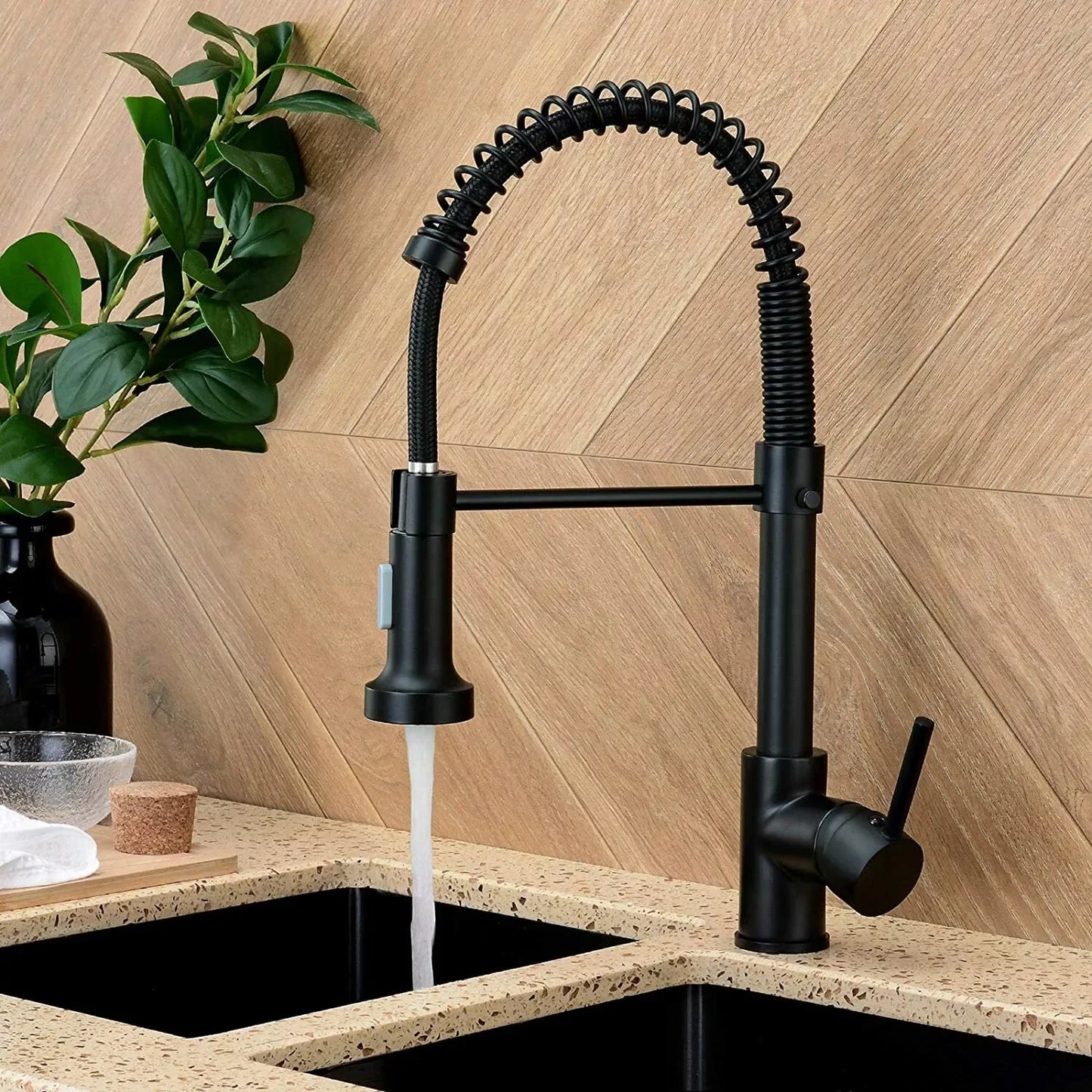 Matte Black Kitchen Sink Faucet One Handle Spring Mounted Kitchen Crane