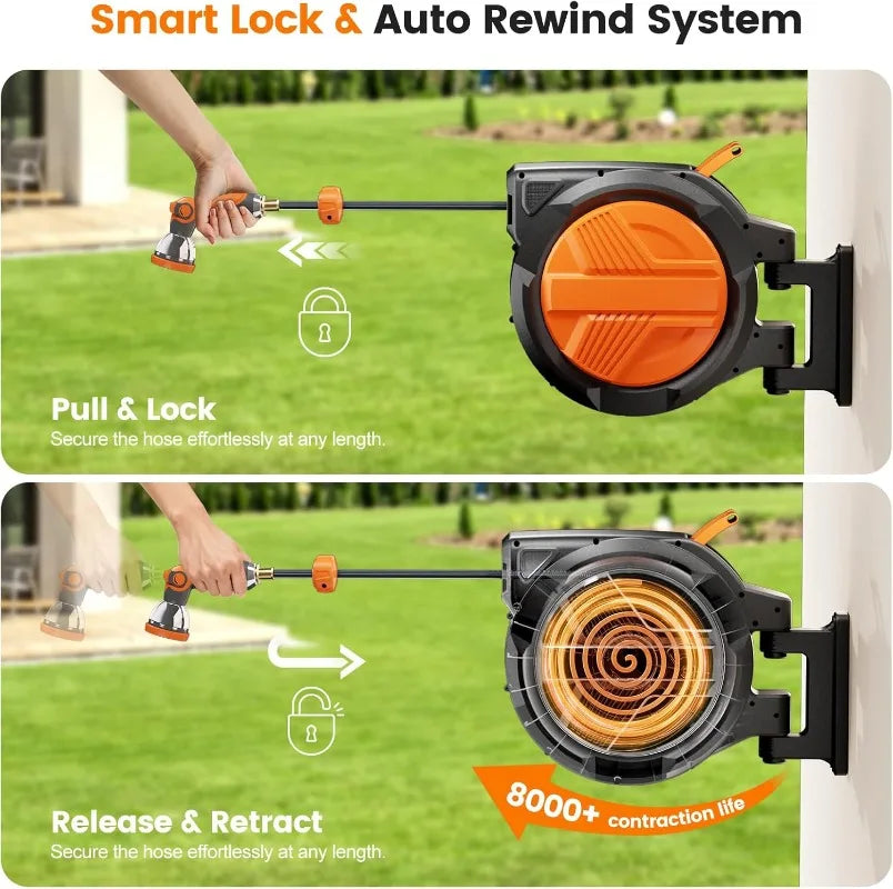 5/8” x 100ft, Auto Rewind, Heavy-Duty Wall-Mounted Outdoor Hose