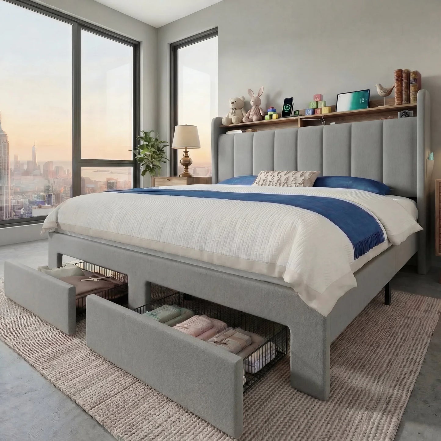 Full/Queen/King Bed Frame, 2 Storage Drawers/2-Tier Shelves