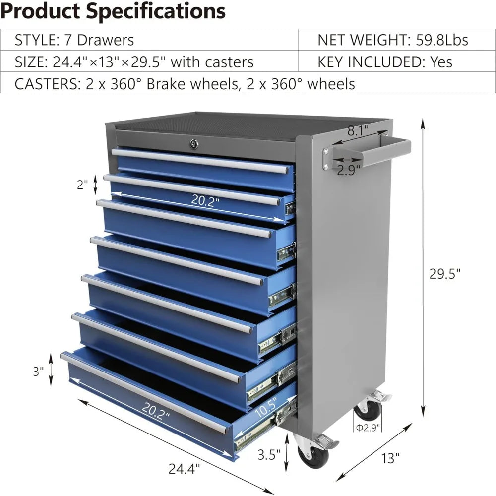 7 Drawers Rolling Tool Chest with Lock & Key