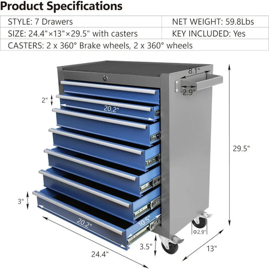 7 Drawers Rolling Tool Chest with Lock & Key