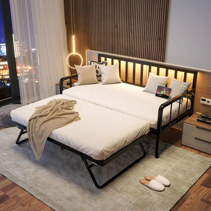 Twin Bed Frame with Charging Station and LED Lights