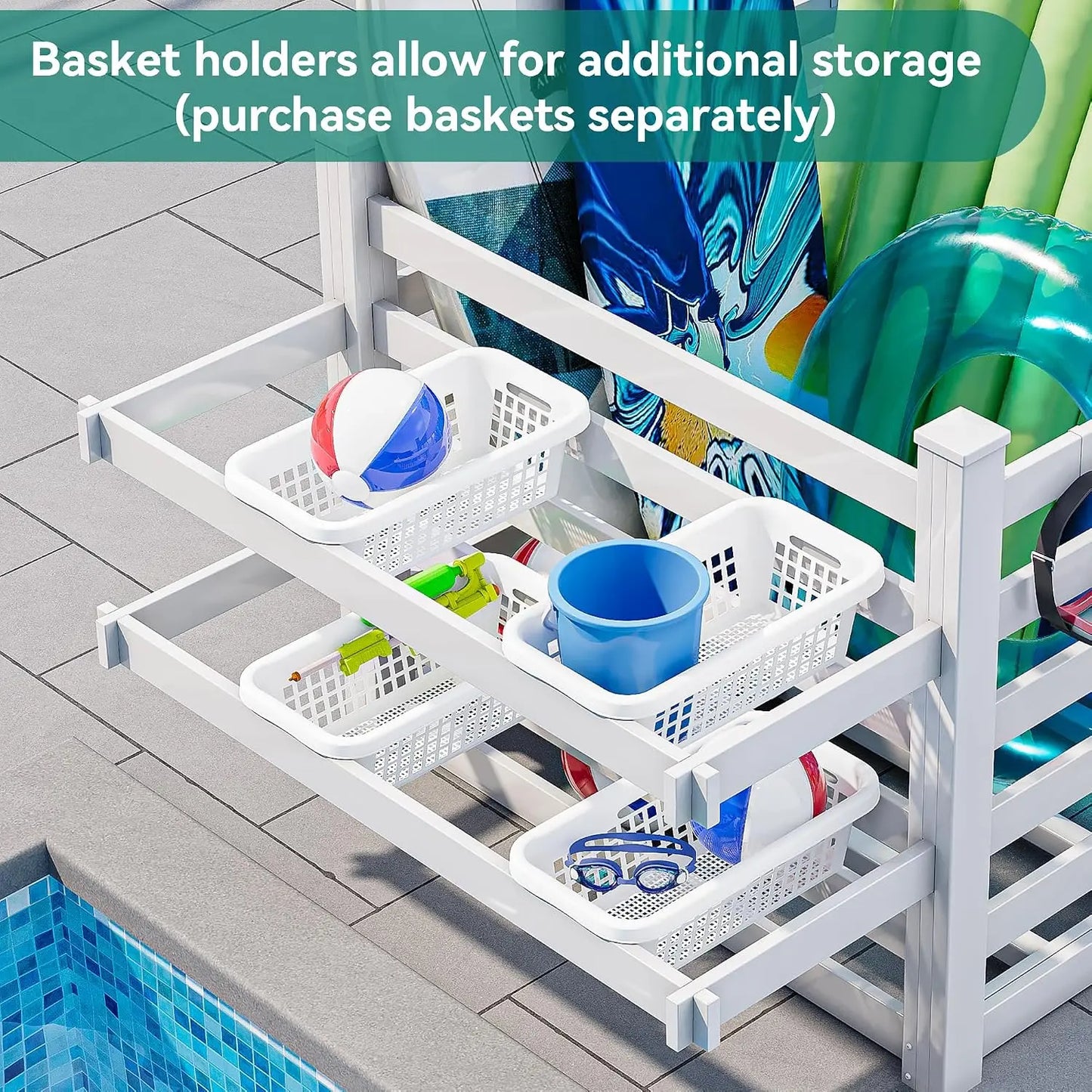 Pool Storage Bins with Towel Rack