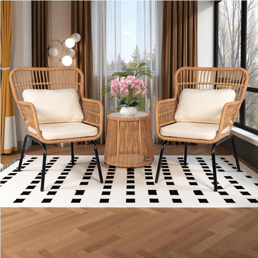 3 Piece Outdoor Wicker Bistro Set, and Tempered Glass
