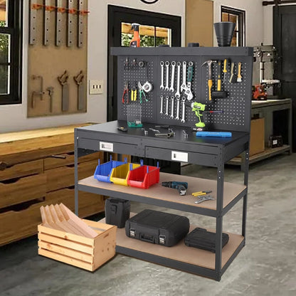 3-Tier Heavy Duty Worktable with 2 Drawers with Hanging Hooks