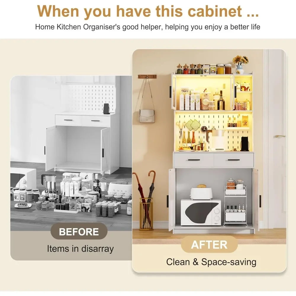 LED Kitchen Pantry Storage Cabinet with Drawers & Adjustable Shelves