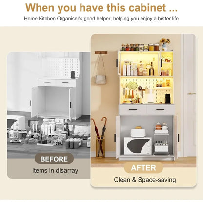 LED Kitchen Pantry Storage Cabinet with Drawers & Adjustable Shelves