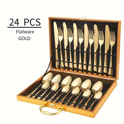 24pcs Elegant Stainless Steel Black Flatware Set.