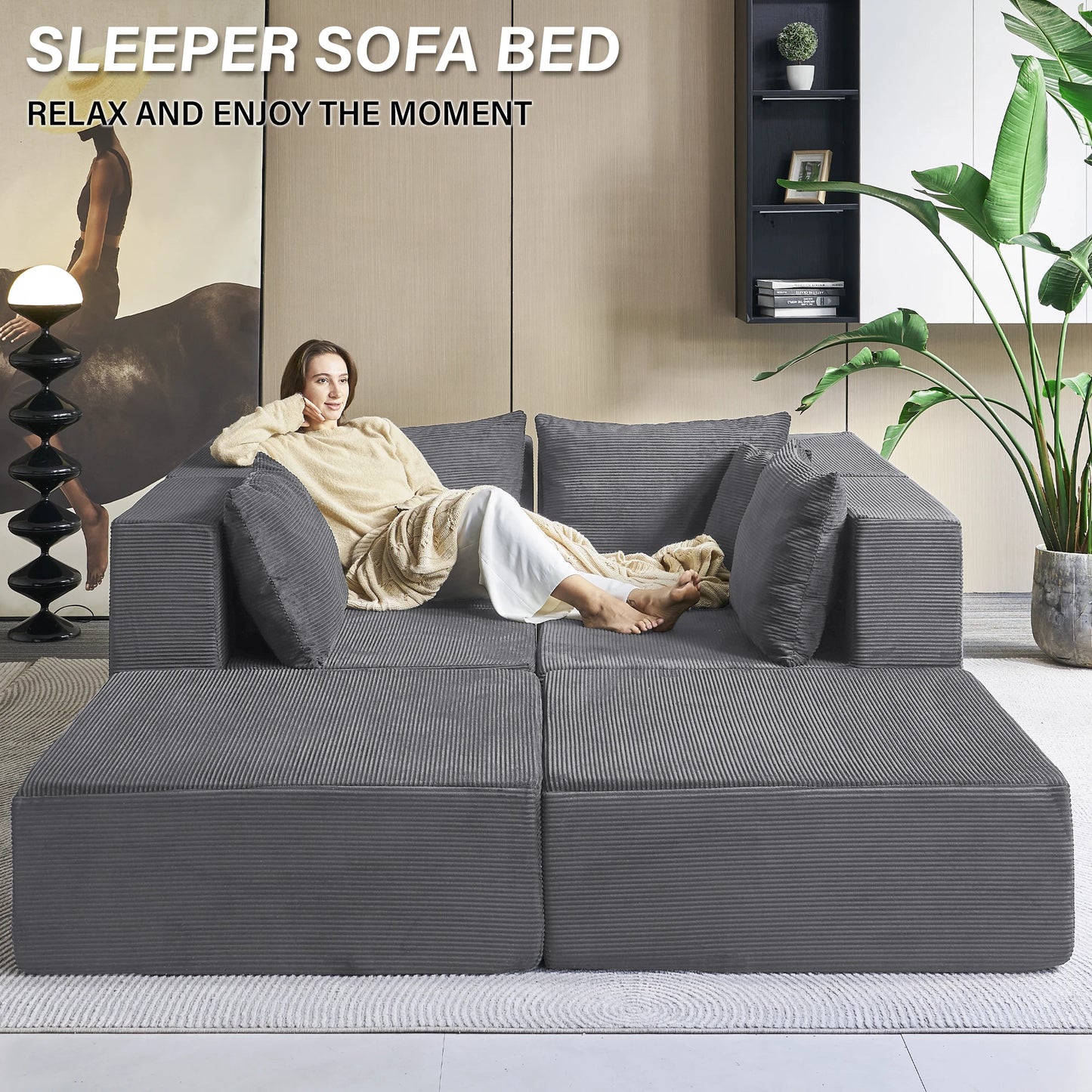 140"Corduroy Sleeper Modular Sectional Sofa