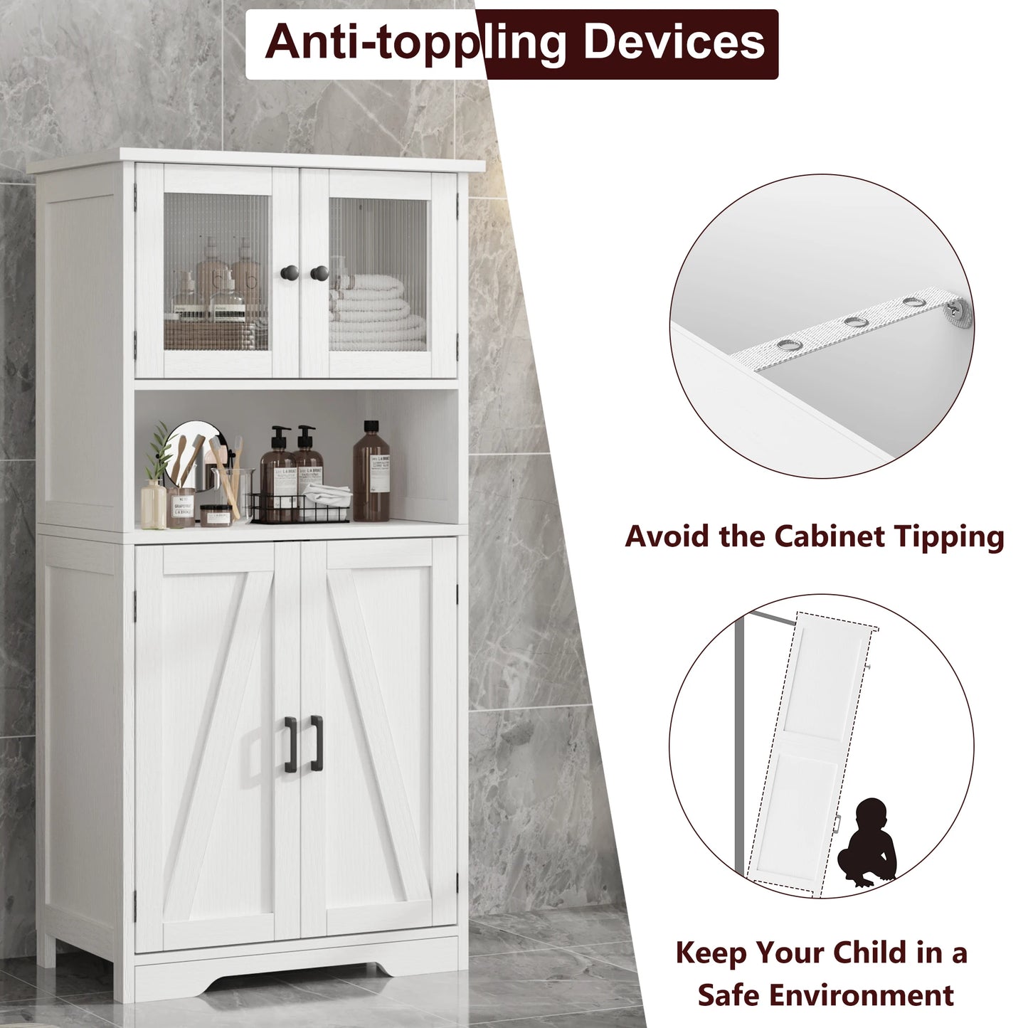 Freestanding Pantry Storage Cabinet with Glass Doors