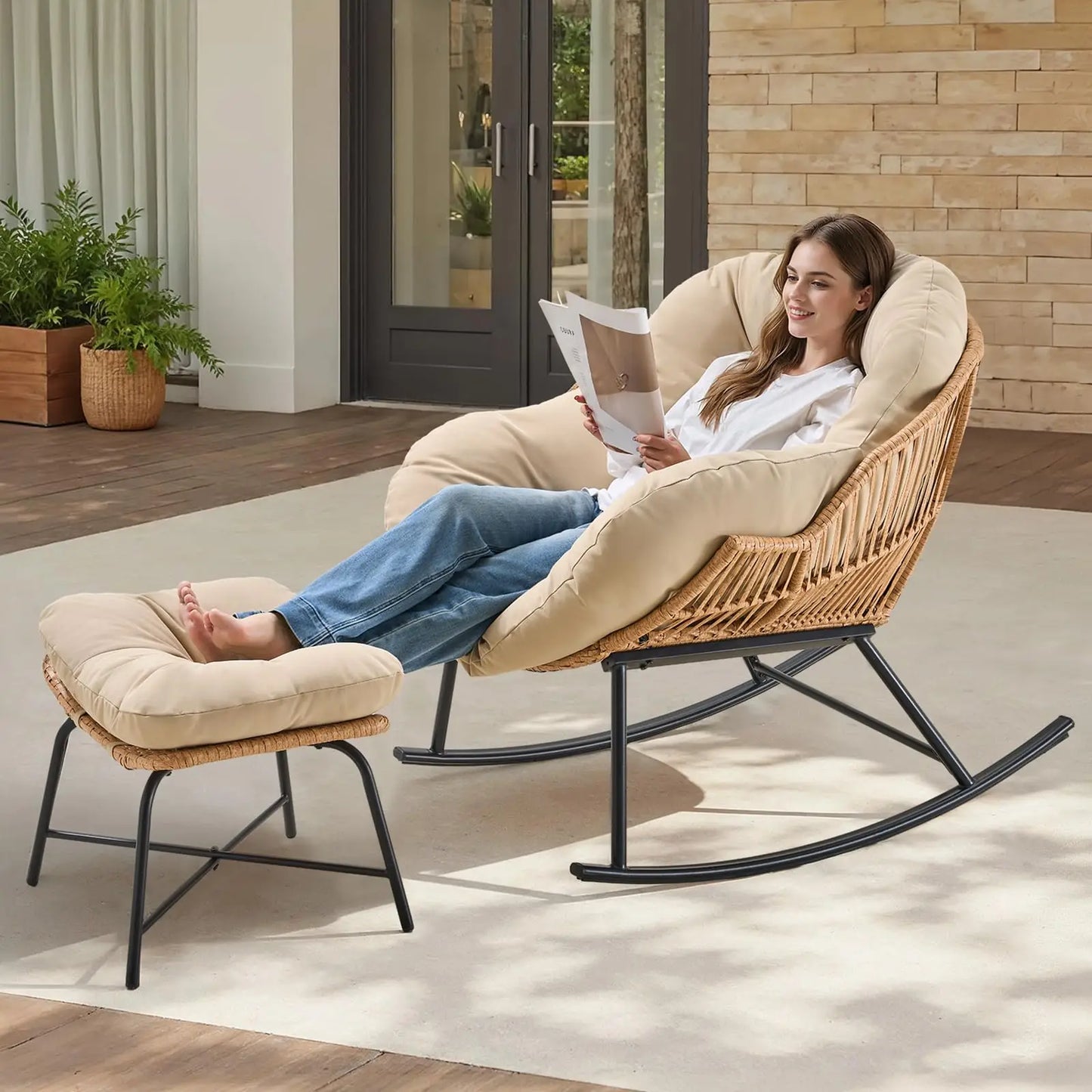 Oversized Wicker Rattan Egg Patio Chair with Ottoman