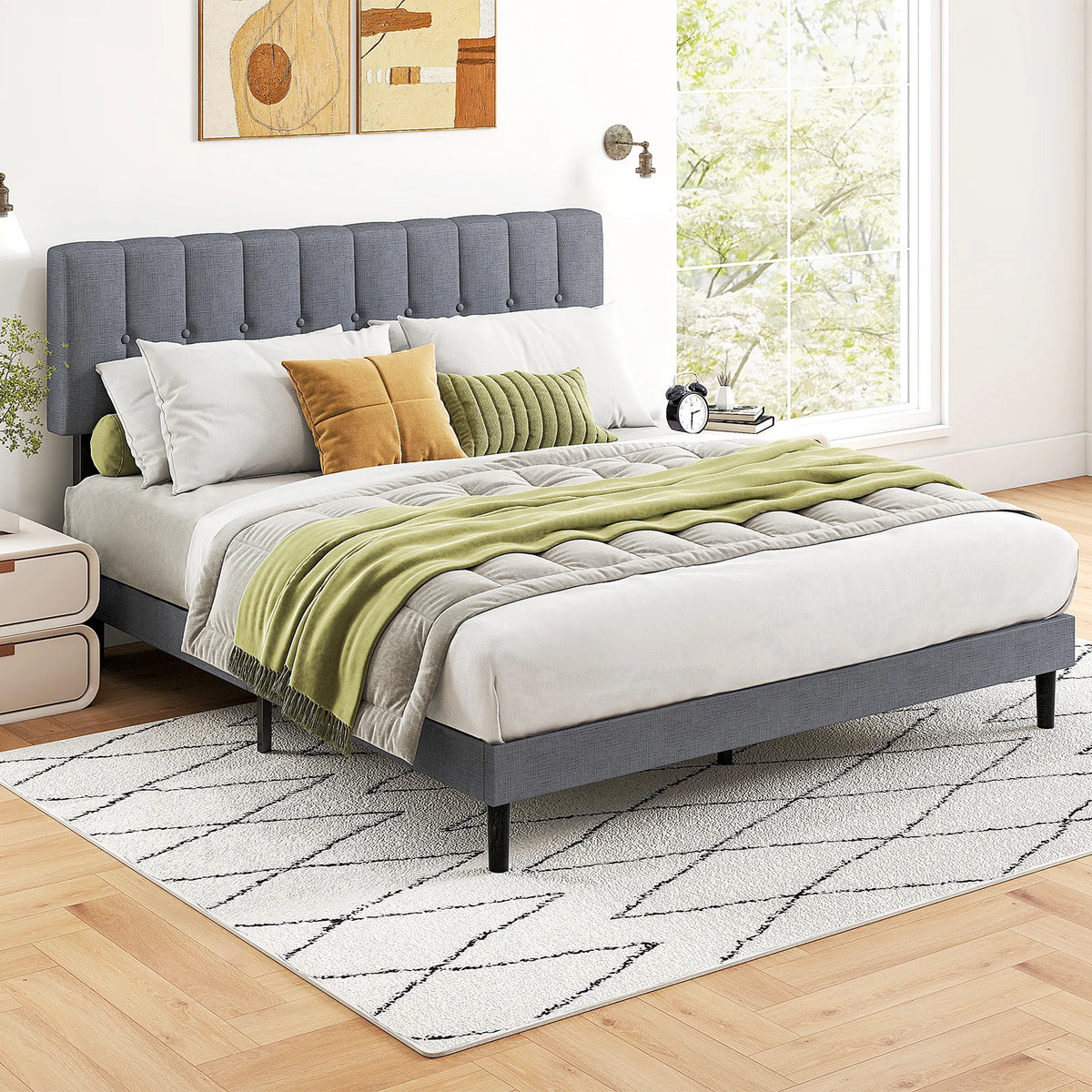 Platform Bed with Headboard 530LBS Sturdy Slats Support