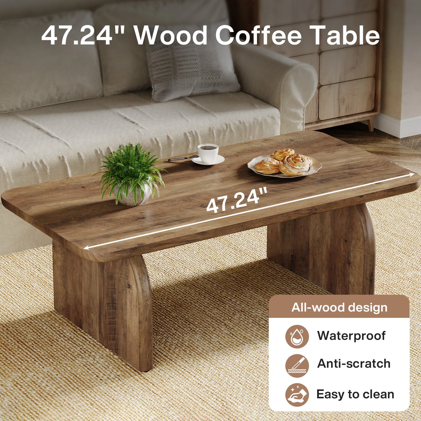 47.24-Inch Tribesigns Farmhouse Rectangular Coffee Table