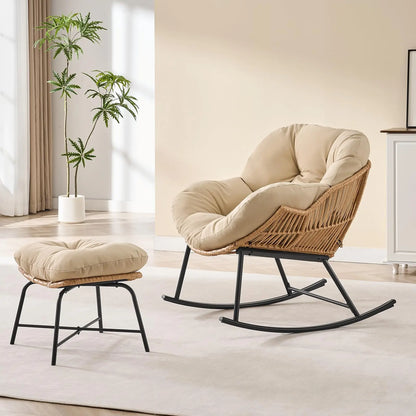 Oversized Wicker Rattan Egg Patio Chair with Ottoman