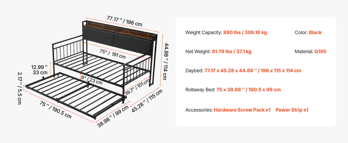 Twin/Full Size Daybed Frame w/ Charging Station